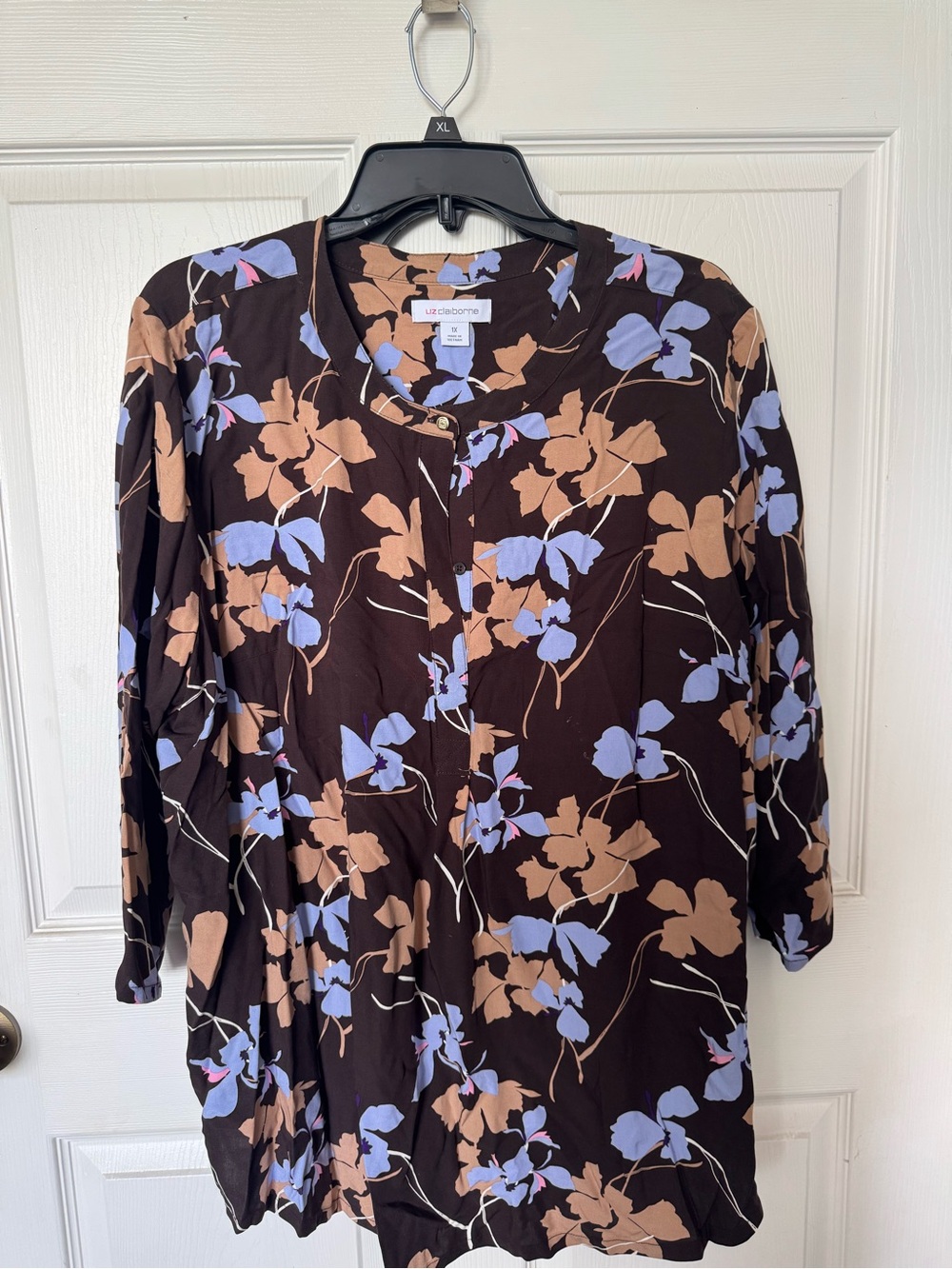 Liz Claiborne Brown Floral Button-Front Blouse with Lavender Accents